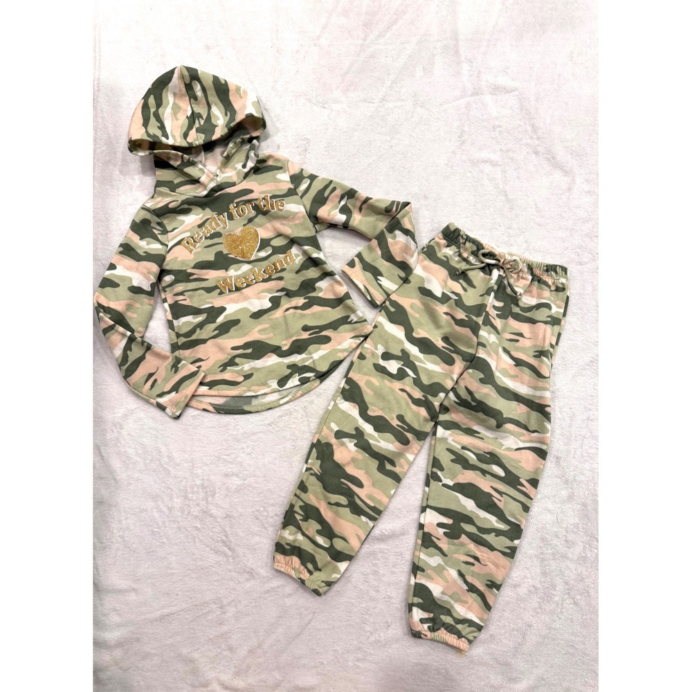 Jenna & Jessie‎ Girls Camo Hoodie and Joggers Set Pink Green Glitter Size 7